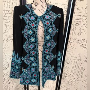 Embroidered Open-Front Black Jacket with Turquoise Floral Pattern